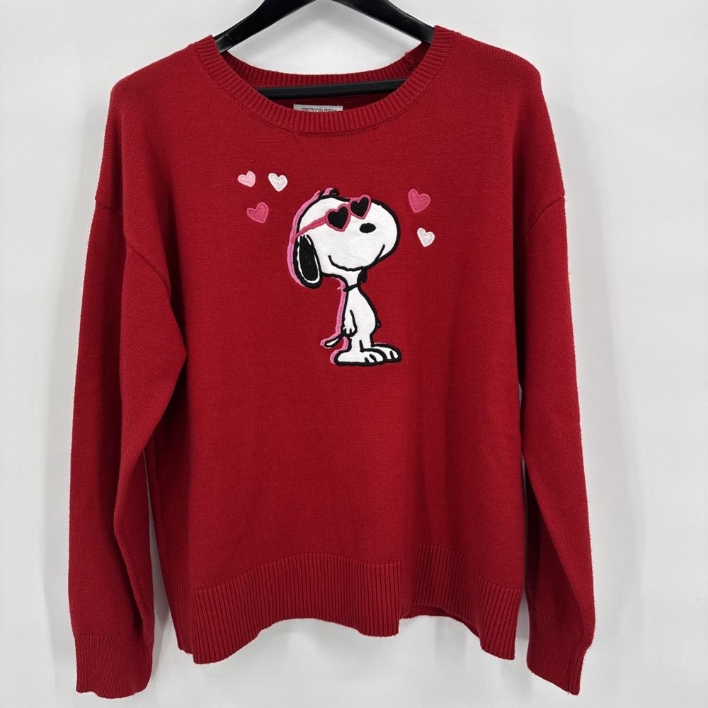 Peanuts Women's XL Sweater Red Snoopy Heart Graphic Valentine Pullover NEW